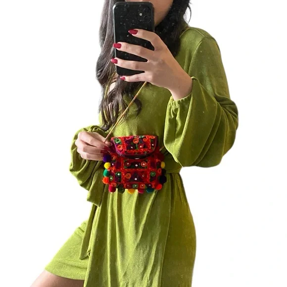 Embroidered Mini Bag Pom Pom Multicolored Shoulder Bag - Picture 10 of 10